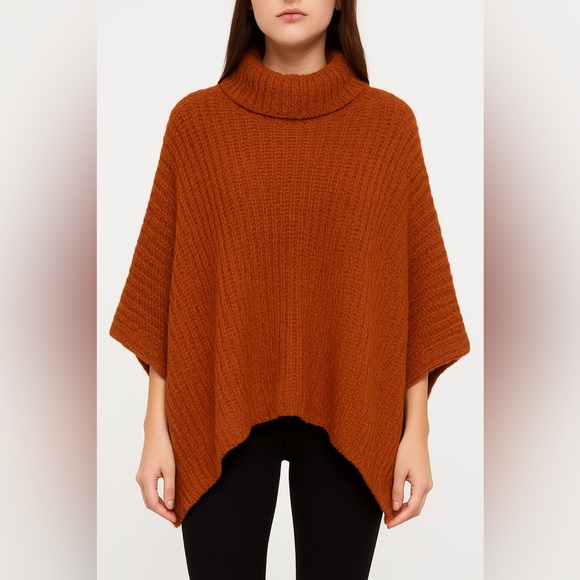 Anthropologie Sweaters - Anthropologie Rust Knit Poncho Turtleneck Sweater Cozy Oversized Fall Boho